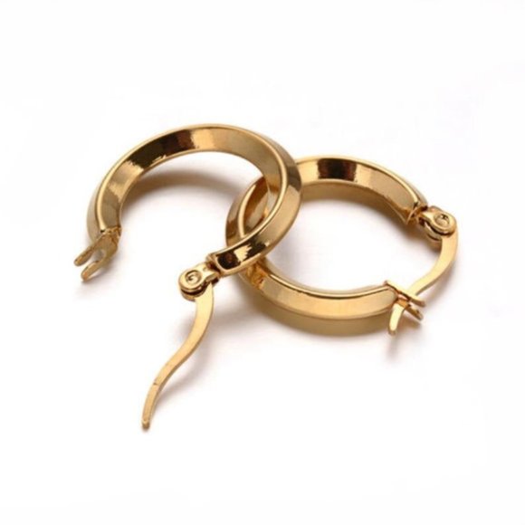 Bevel Edge Gold Hoop Pierced Earrings 1" 25mm 3mm Wide Band - Picture 7 of 8